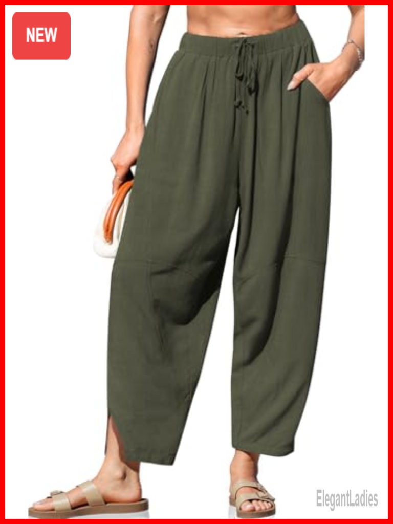 Linen Blend Harem Pants Wide Leg Elastic Waist Pockets Casual Summer Trousers